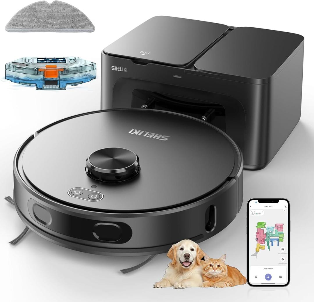 SHELIKI Robot Vacuum and Mop Combo, 70-Day Self-Emptying Robotic Vacuum Cleaner, Super Thin, Quiet, LiDAR Navigation, App & Voice Control, Perfect for Pet Hair, Carpets, Hard Floors, Gray