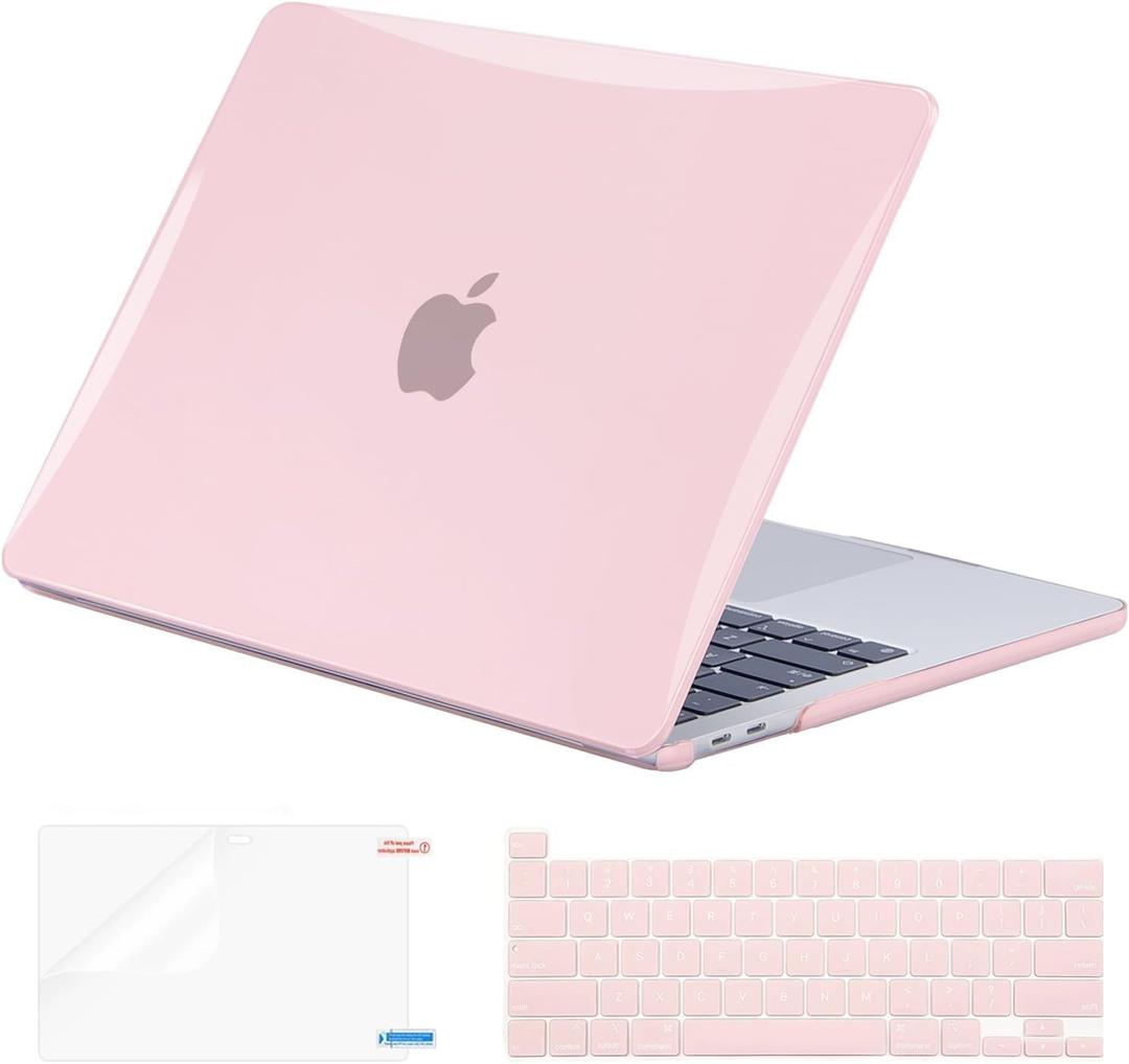 EooCoo Pink Case Compatible with MacBook Pro 13 inch M2 2022, 2020-2017 Release M1 A2338 A2289 A2251 A2159 A1989 A1706 A1708 Glossy Hard Case with Keyboard Cover, Screen Protector, Crystal Pink