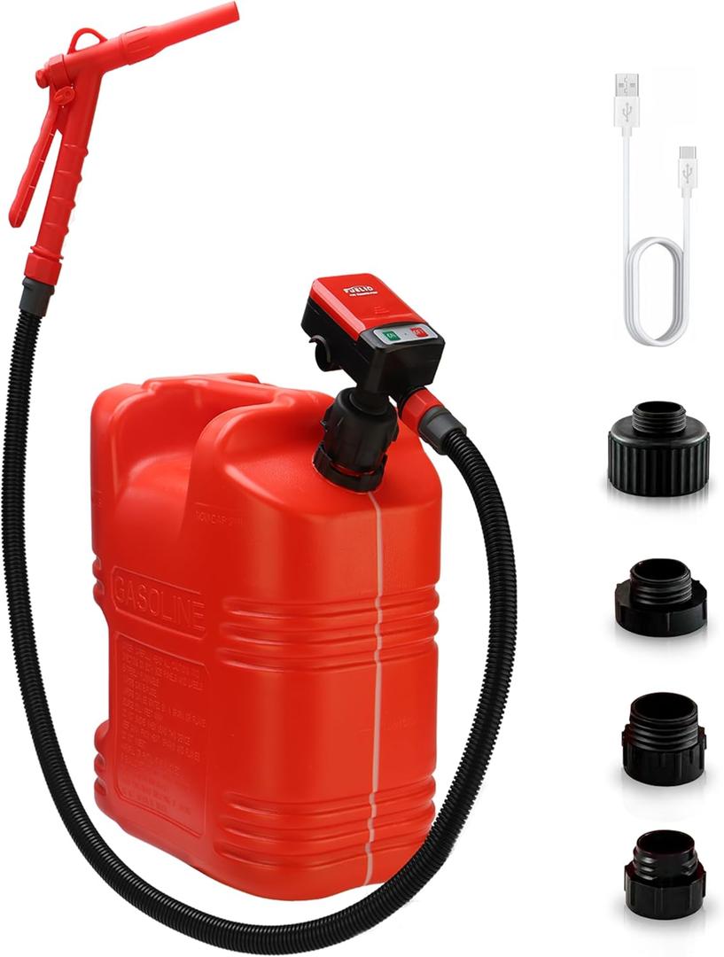 FUELIO Gas Can Pump - AA Battery Powered Fuel Transfer Pump with Auto Shut Off Nozzle, Fix Clip, Extra Long Hose, 3 Adapters, Gas Pump Ideal For Gasoline, Diesel, Kerosene Transfer