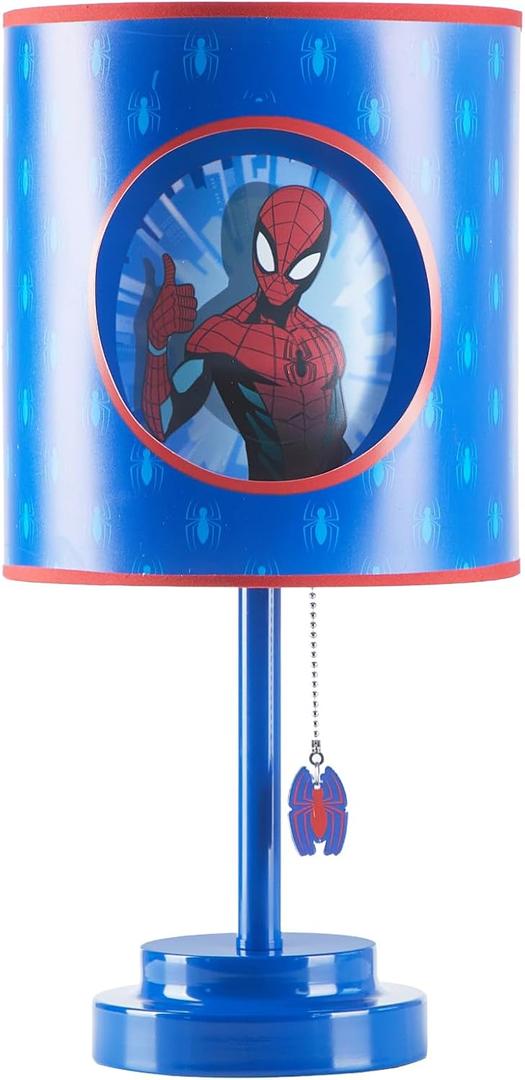 Marvel Spider-Man Table Lamp,2-Layer Cut Out Shade with Themed Print, Stick Lamp with Figural Pull Chain for Kids Bedroom or Playroom Decor