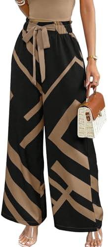 MakeMeChic Women's Belted Paperbag Elastic High Waist Palazzo Pants Printed Casual Wide Leg Pants, XL