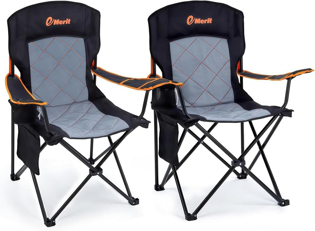 EMERIT 2 Pack Oversized Padded Camping Chair, 350LB Heavy Duty Quad Fold Chair with Arms, Collapsible Outdoor Chairs with Lumbar Back & Cup Holder, 39.76'' X 22'' X 23.6''