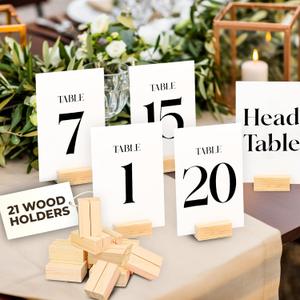 Wedding Table Numbers 1-20 With Head Table Card - Table Numbers For Wedding Reception 1-20, Paper Table Number Cards With Wooden Holders, Table Centerpiece For Party Event Wedding Decoration
