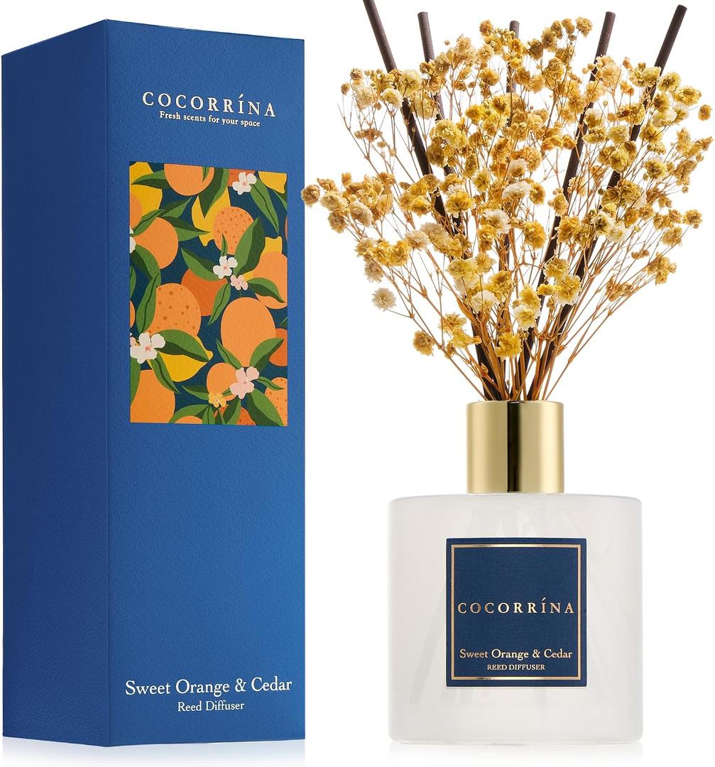 COCORRNA Reed Diffuser - Sweet Orange & Cedar 6.7 Fl.oz Reed Diffuser Set with Sticks & Preserved Baby's Breath, Reed Diffuser for Home Bathroom Shelf Decor
