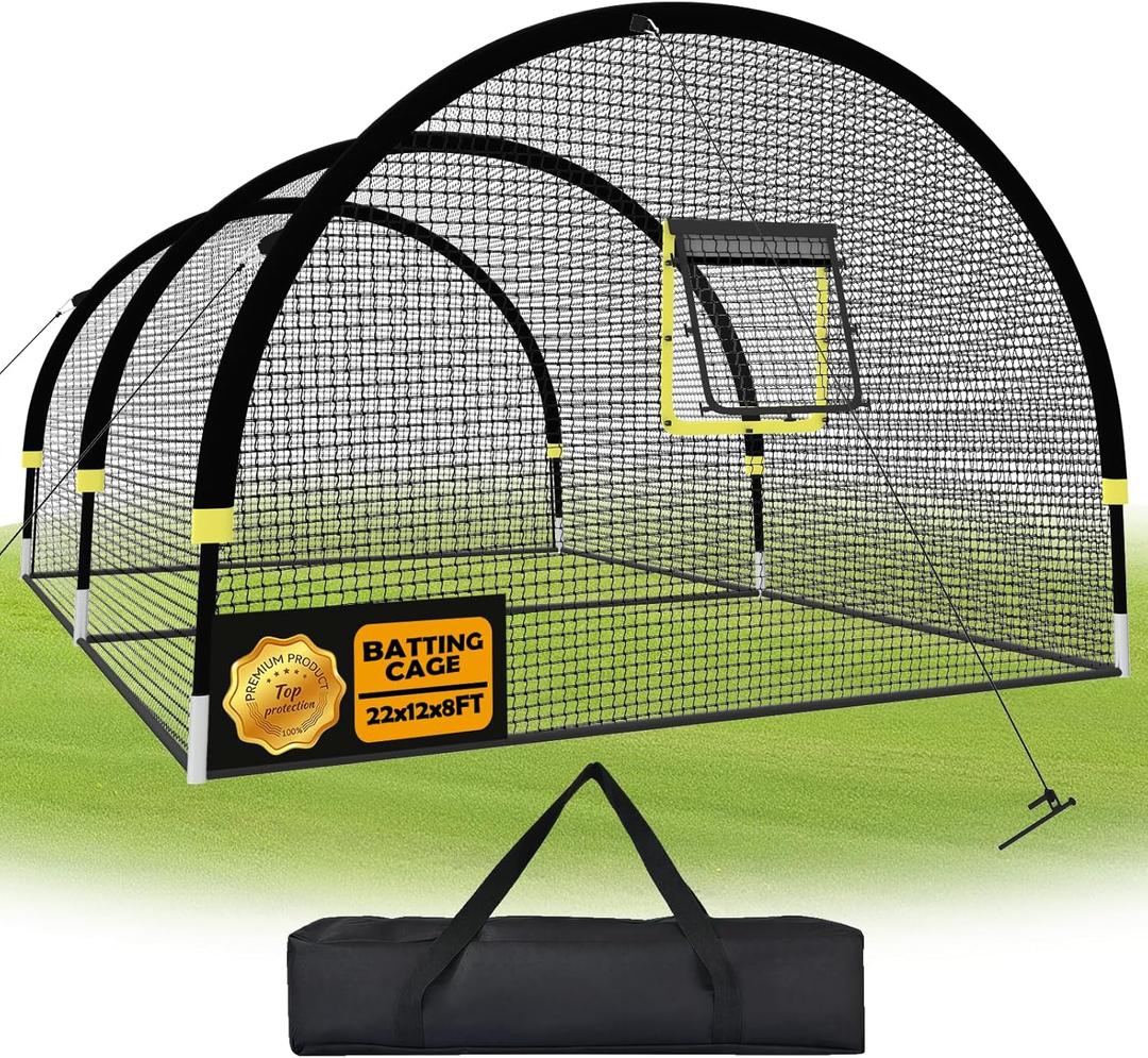 Baseball Batting Cages for Backyard - 22FT/30FTx 12FTx 8FT Portable Practice Softball Cage Net and Frame with Pitching Machine Hole, 12.7MM Fibreglass Poles and Carry Bag