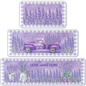Purple Kitchen Rugs Set of 3 Lavender Kitchen Rug Purple Floor Mats Lavender Decor Area Rug for Farmhouse Home Accessories Stuff,20 x 32, 20 x 47 and 20 * 59 Inch