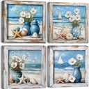 Coastal Wall Art Nautical Bathroom Decor Vintage Beach Theme Pictures Wall Art Vintage Beachy Paintings Canvas Prints Watercolor Flowers Posters Blue Seascape Framed Artwork Home Decorations 12x12