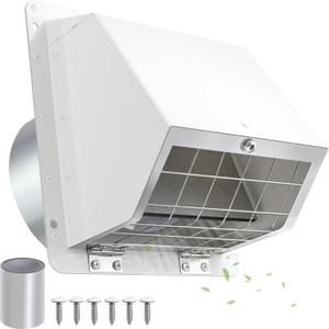 4 Inch Dryer Vent Cover Outside with Mesh, Wall Vent Exhaust Vent Cover Wall Mount Extractor Vent with Flap, Exterior Vent Cover Cap Outdoor Dryer Vent Cover for Dryer Ducting House AC,White