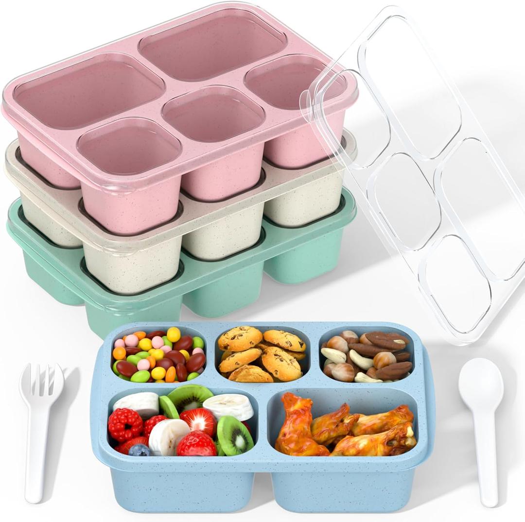 Bento Box Adult Lunch Box - 4 Pack, 5 - Compartment Meal Prep Container for Kids, Reusable Food Storage Snack Containers - Stackable for School, Work, and Travel (Wheat(Green/Blue/Pink/Beige)) Bento Box Adult Lunch Box - 4 Pack, 5 - Compartment Meal Prep Container for Kids, Reusable Food Storage Snack Containers - Stackable for School, Work, and Travel (Wheat(Green/Blue/Pink/Beige))