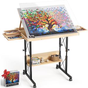 Easyego 1500 Piece Jigsaw Puzzle Table with Legs for Adult, 5-Tilting-Angle & Height Adjustable Table with 4 Drawers and Cover, Wooden Puzzle Board with Extended Support Bar & 4 Wheels Gift for Family, Large