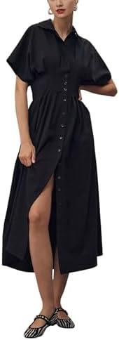 Yeokou Shirt Dress for Women Summer Casual Short Sleeve Button Down Loose Pleated Maxi Sundress with Pockets Size M