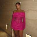 Women Sexy Off Shoulder Bodycon Mini Dress Mesh Sheer Ruched Sparkly Flared Long Sleeve Y2K Dress Club Night Out Dresses (Pink, S)