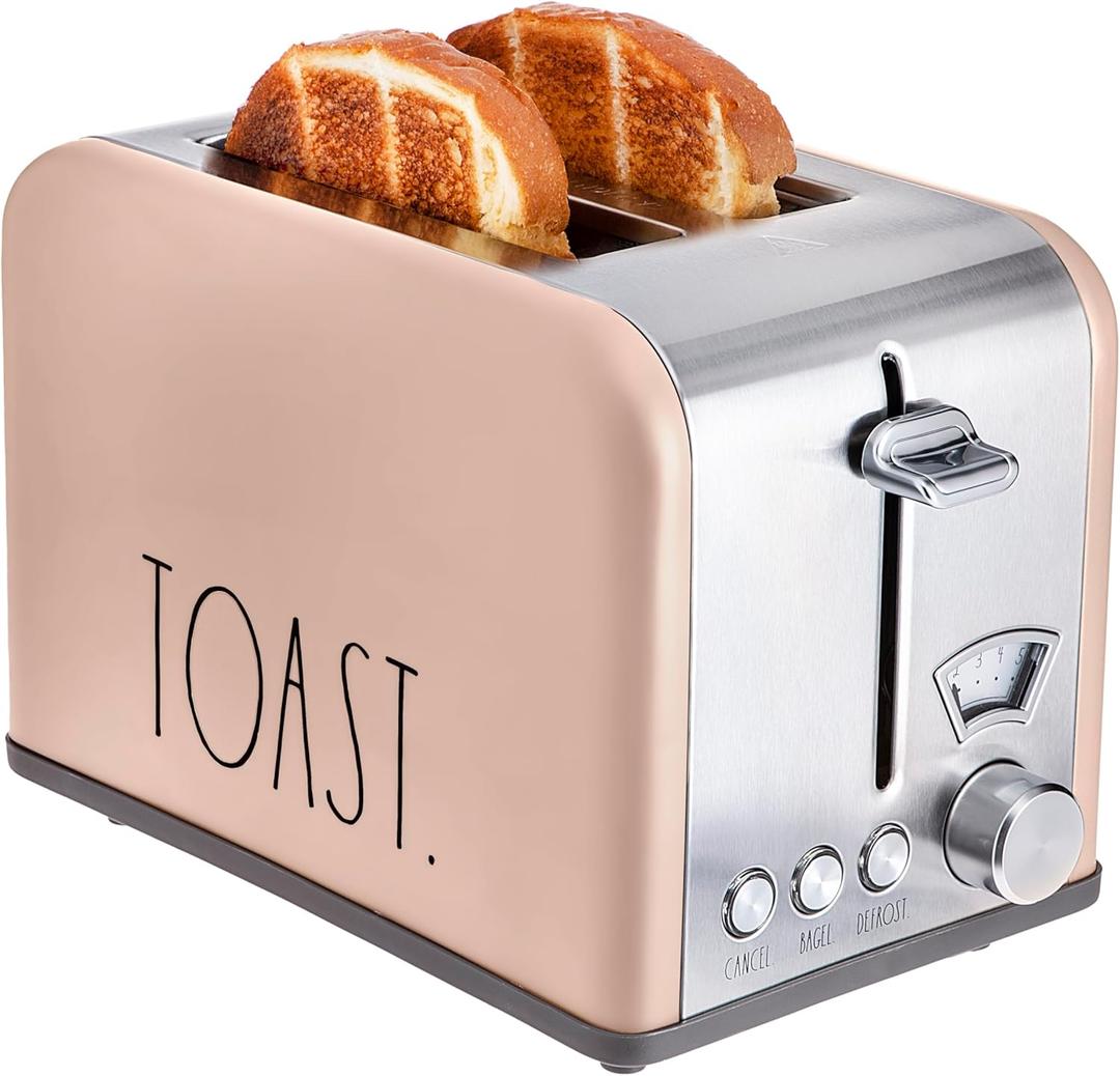 Rae Dunn Toaster, Stainless Steel 2 Slice Square Toaster, Wide Slot with 5 Browning Levels, with Bagel, Defrost and Cancel Options (Blush)