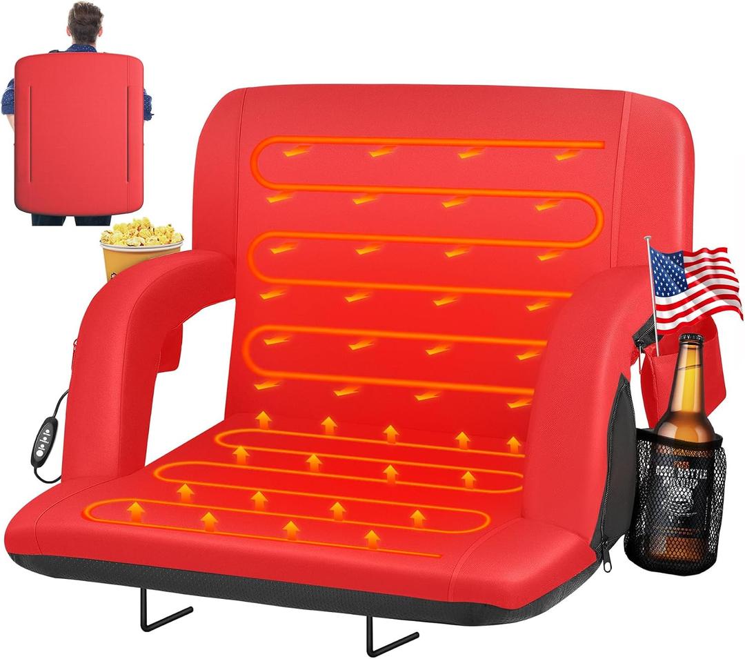 HOPERAN Heated Stadium Seats for Bleachers with Back Support Wide Cushion, Extra Portable Bleacher Seat Foldable Stadium Chair, USB 3 Levels of Heat, Pockets for Outdoor Indoor Sports 25" Red 1pc