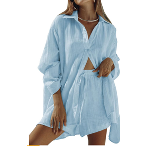 Fixmatti Women 2 Piece Outfits Long Sleeve Button Down Blouse and Shorts Sweatsuit Sets, M