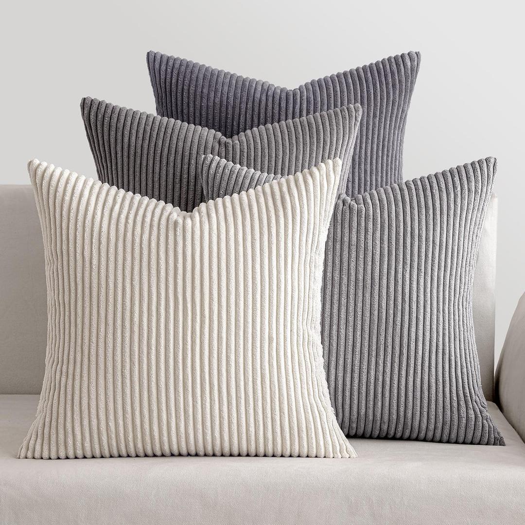 MIULEE Pack of 4 Neutral Grey Gradient Decorative Throw Pillow Covers 18x18 Inch Soft Boho Striped Corduroy Pillow Covers Modern Farmhouse Home Decor for Sofa Living Room Couch Bed