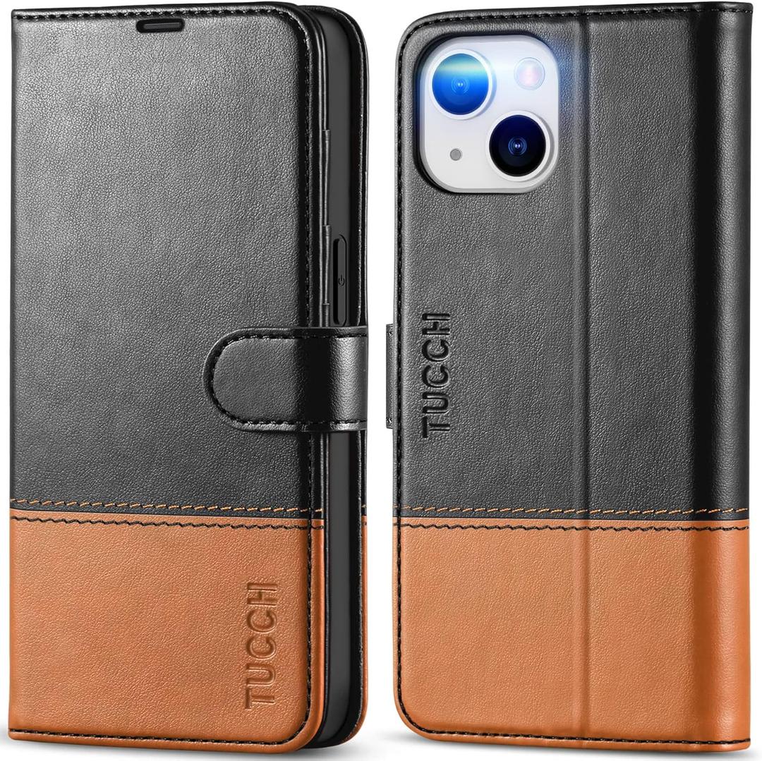 TUCCH Wallet Case for iPhone 14 5G, [RFID Blocking] Card Slot Holder Stand [Shockproof TPU Interior Case] PU Leather Magnetic Protective Flip Cover Compatible with iPhone 14 6.1", Black & Brown