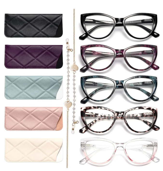Gaoye 5 Pack Fashion Cat Eye Reading Glasses for Women, Computer Blue Light Readers Anti Glare With Eyeglasses Chain (A 5 PACK MIX, 1.0, multiplier_x)