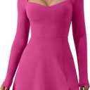 QINSEN Women's Sweettheart Neckline Long Sleeve Dress Side Slit Stretch Flare Mini Dress (S, Cabaret)
