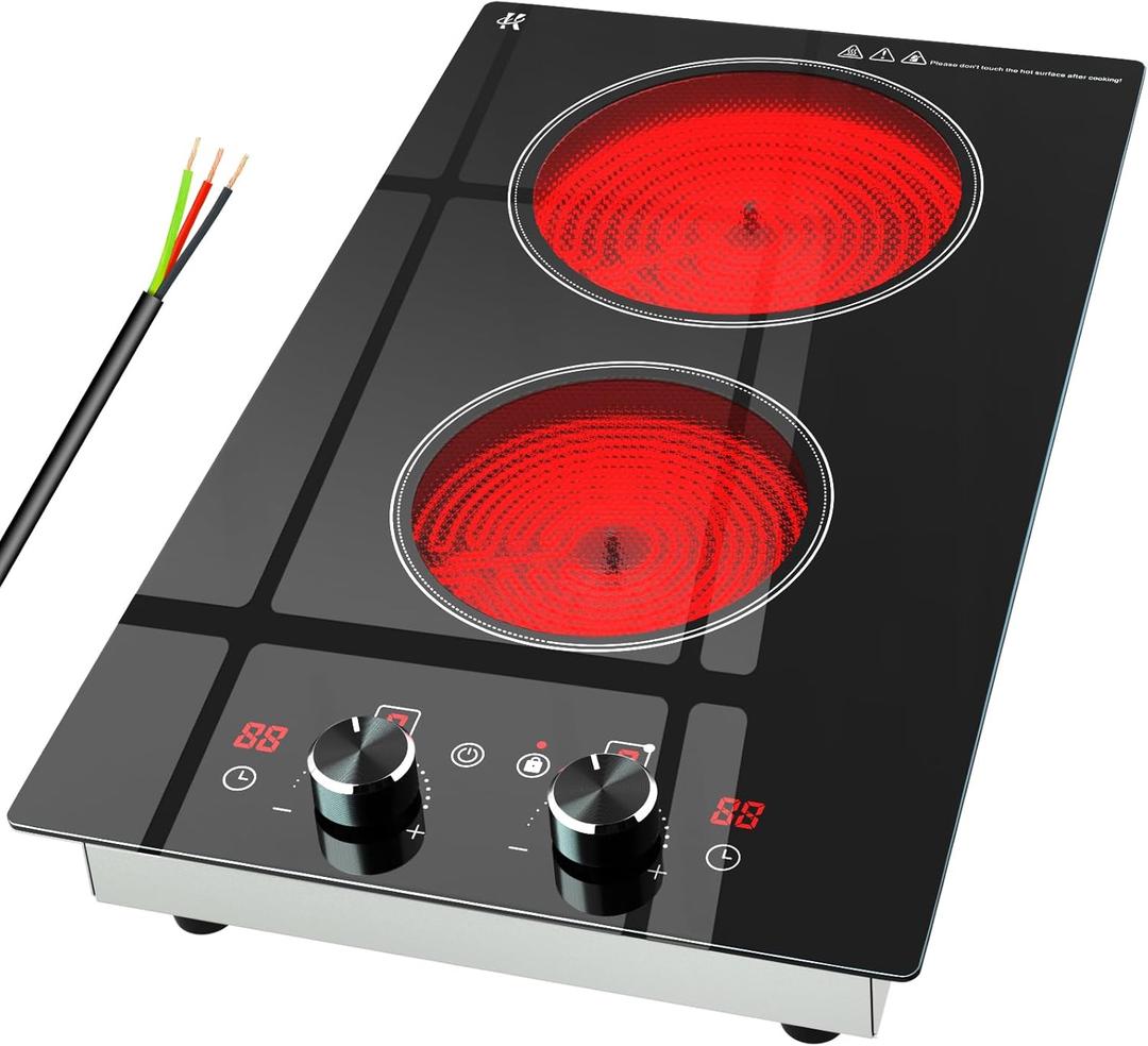 2 Burner Electric Cooktop 220-240V, 3000W Radiant Electric Stove Top with Built-in Design, 12 inch Knob Control Ceramic Cooktop with Safety Lock, 9 Level Power, Timer - Hard Wire 2 Burner Electric Cooktop 220-240V, 3000W Radiant Electric Stove Top with Built-in Design, 12 inch Knob Control Ceramic Cooktop with Safety Lock, 9 Level Power, Timer - Hard Wire