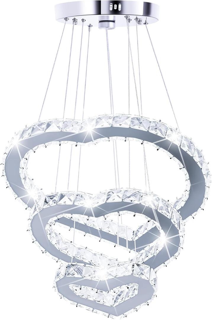Crystal Chandeliers Modern LED 3 Ring Chandelier Adjustable Ceiling Light Fixtures Pendant Lighting Stainless Steel Hanging Lights for Living Room Dining Room Bathroom Bedroom, Cold White (Heart)