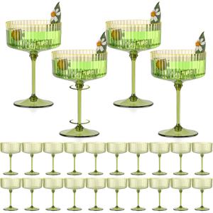 24 PCS Gold Rim Plastic Champagne Coupe Cup Sage Green Ribbed Coupe Glasses 10oz Detachable Espresso Martini Glass Vintage Margarita Glassware Cocktail Glass Set for Baby Shower Christmas Wedding