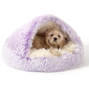 NOYAL Round Hooded Donut Dog Bed for Small & Medium Pets - Plush Fluffy Anti-Anxiety Cat Cave Bed with Cover (Small 19.6'', Gradient Purple)