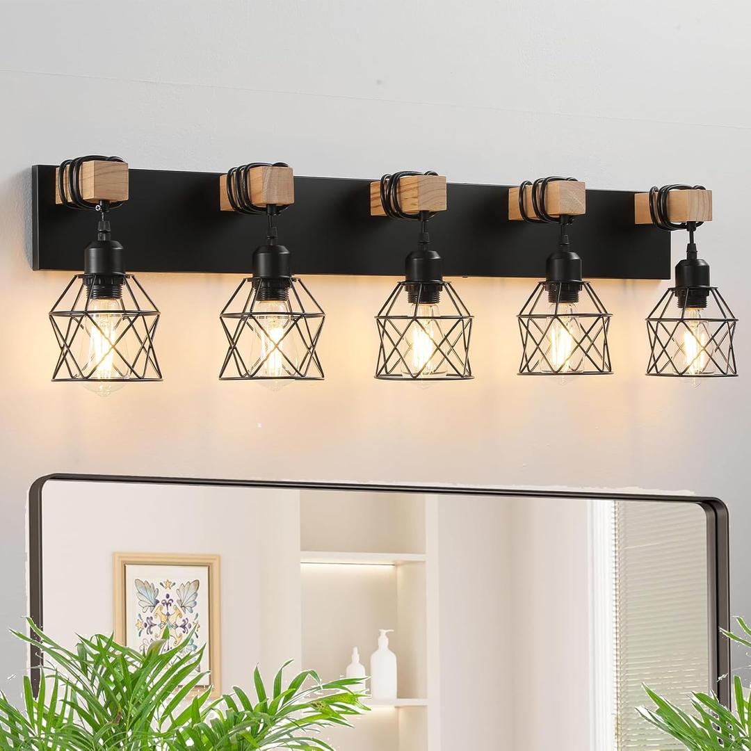 Farmhouse Vanity Light Fixture,5-Light Bathroom Lighting, Black Industrial Wood Wall Light Over Mirror with Metal Shade, LED Bulbs Not Included