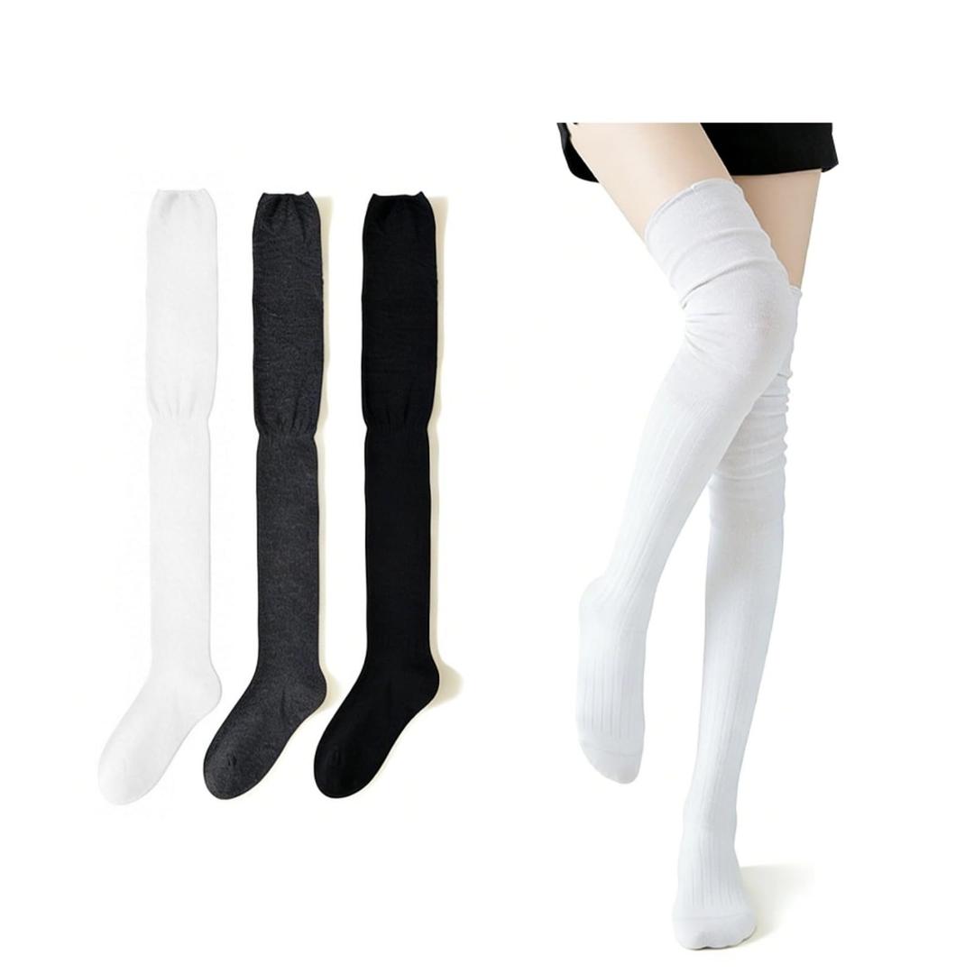 Eyleenda Women Slimming Thigh High Socks Elastic Cuff Stretchy Polyester Teen Girls Sock for Work Commute Travel Slim (White+Black+Gray)