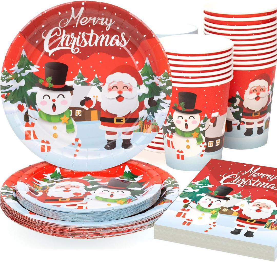 100 Pieces Christmas Paper Plates and Napkins Set Christmas Disposable Tableware Set Santa Claus Paper Plates Napkins Cups for Xmas Merry Christmas Party Supplies, Serves 25 (Red)
