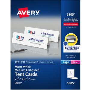 Avery Printable Tent Cards with Sure Feed Technology, 2-1/2" x 8-1/2", Matte White with Embossed Border, 100 Blank Place Cards for Laser and Inkjet Printers (5305)