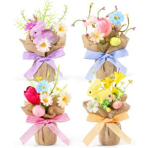 Dlerom 4 Pcs Easter Centerpiece Table Decorations Mini Artificial Easter Potted Plants Arrangement with Flowers Eggs Rabbits for Spring Home Desktop Farmhouse Party Decor