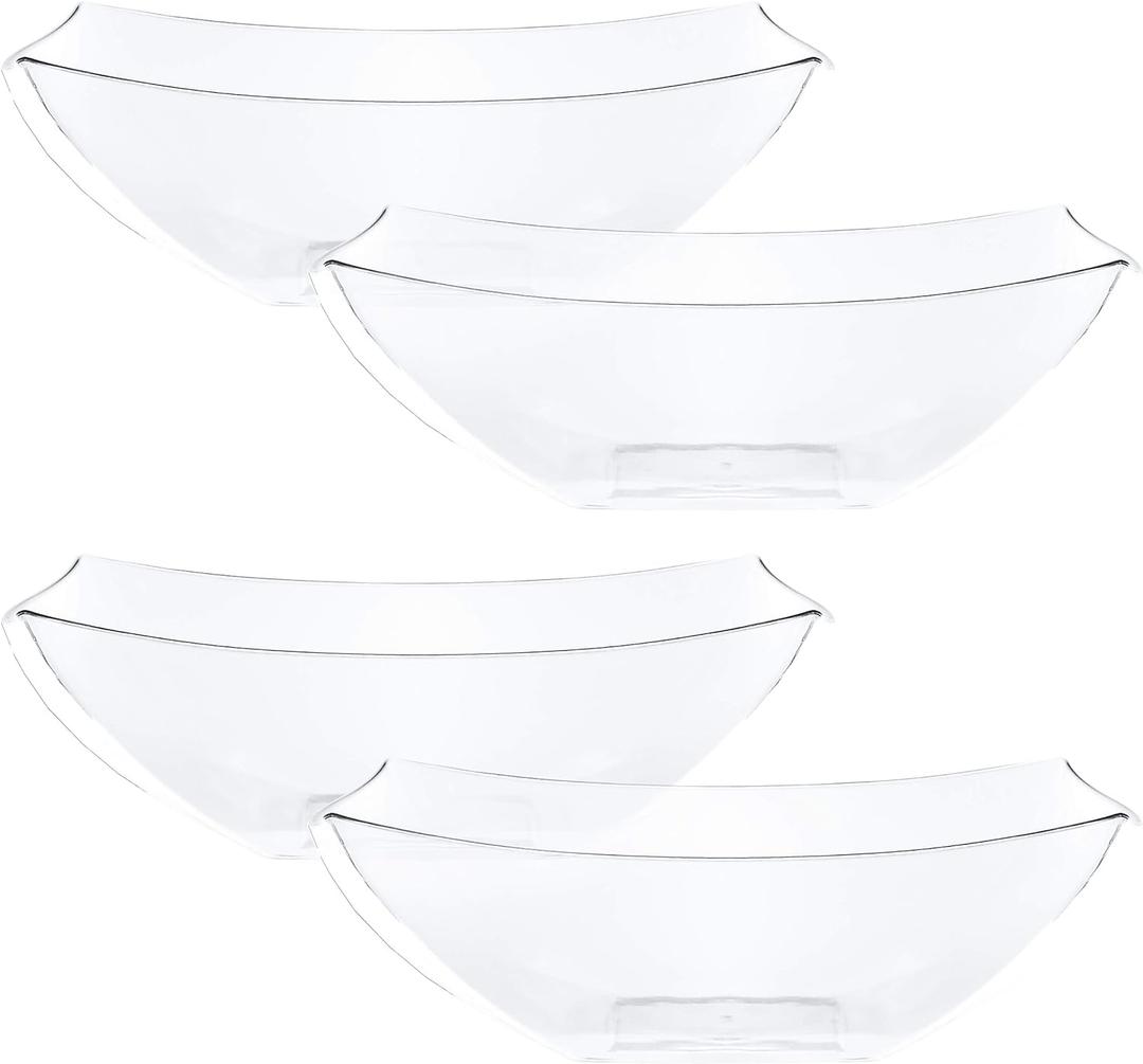 PLASTICPRO Disposable 64 ounce Square Serving Bowls, Party Snack or Salad Bowl, Large Plastic Crystal Clear Pack of 4