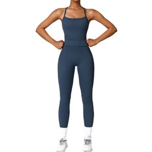 QBGJTD Womens Workout Sets Two Piece Cross Back Tank Top Matching High Waist Leggings Sets Gym Outfits Work Out Clothes (Blue, XL)