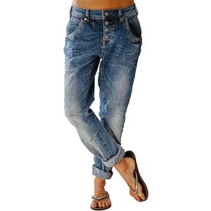 Flamingals Women's Stretchy Straight Leg Casual Mid Rise Jeans Wash Button Fly Stitch Detail 90s Trendy Denim Jeans