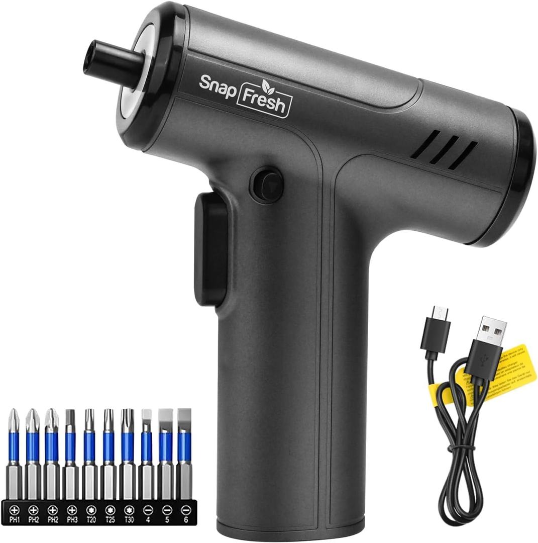 SnapFresh Electric Cordless Screwdriver Set, 4V Rechargeable Screw Gun with 10 Drill Bits, 4 Speeds, 5N.m torque for DIY Enthusiasts, USB Charging Cable