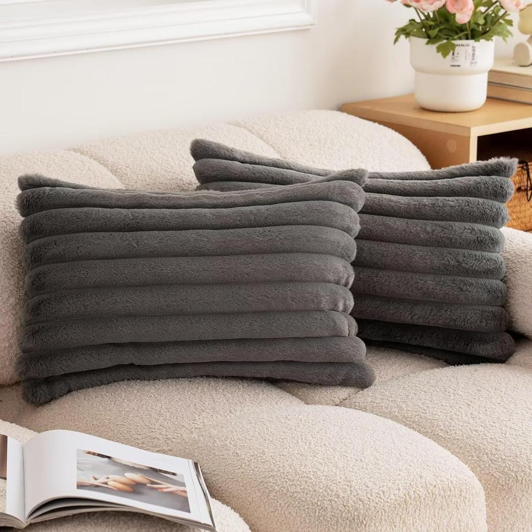 Double-Sided Faux Fur Plush Throw Pillow Covers 12x20 Set of 2 Fuzzy Striped Soft Cozy Pillowcase Luxury Decorative Pillows Rectangle Shaggy Cushion Covers for Couch Sofa Bed,Dark Grey