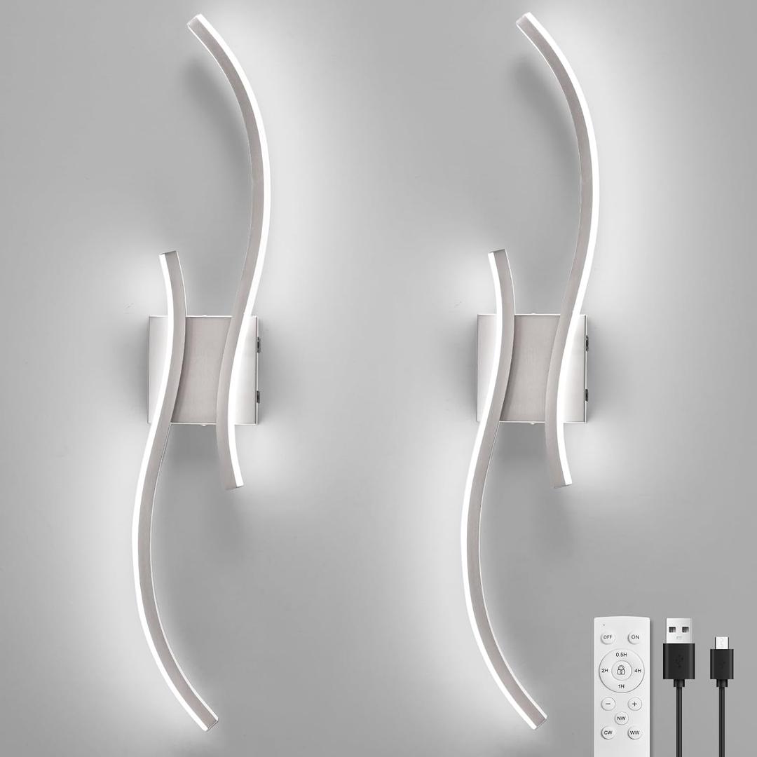 Battery Operated Wall Sconces Set of 2, Rechargeable Dimmable Battery Wall Light with Remote Control, Brushed Nickel LED Wireless Wall Light for Living Room Bedroom Hallway31.5inch (Brushed Nickel)