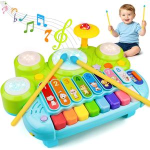 Baby Piano Drum Set for Toddlers 1-3, Musical Toys 3 In 1 Baby DJ Table Piano Keyboard Xylophone Instruments for 1 2 Year Old Boys Girls Music & Light Activity Table 6-12-18 Months Old Birthday Gifts