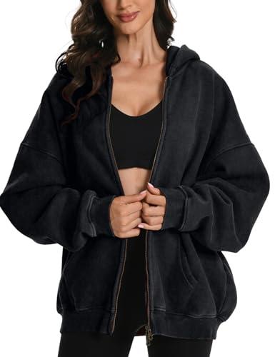 FAIABLE Womens Mens Double Zip Up Hoodie Oversized Acid Wash Heavyweight Hoodies Distress Cotton Fleece Vintage Y2k Full Zipper Couples Sweatshirt Black S
