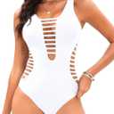 Aqua Eve Women Sexy One Piece Swimsuits Plunge Deep V Neck Cutout Bathing Suits (White, M)