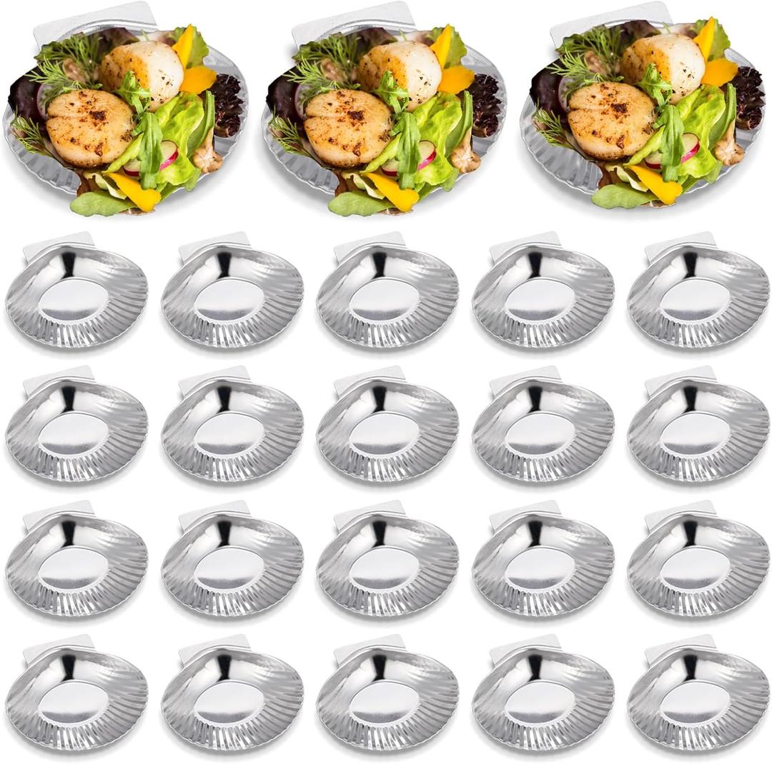 Baderke 24 Pcs Grillable Shells Stainless Steel Reusable All Purpose Grillable Large Scallop Shells Grilling Pan Baking Dish for Make Oysters Baked Clams Clam Scallop Seafood, 3.2 Inch