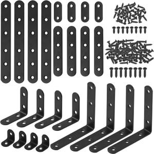 Hilitchi 24 Pack Stainless Steel Black L Bracket Corner Brace and Straight Bracket with Screws Corner Fastener for Shelves Steel Joints Support Assortment Kit