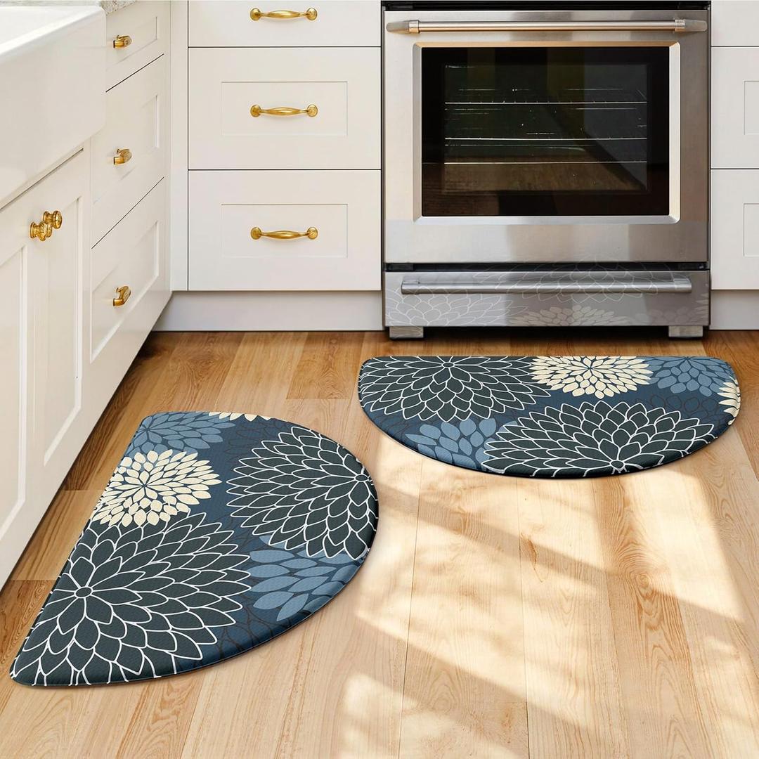 KIMODE Half Circle Kitchen Mats for Floor Cushioned Anti Fatigue,Semi Round Floral Boho Kitchen Rug Sets of 2 Non Slip,Waterproof Kitchen Carpet Decor for Sink Laundry Bathroom,Blue Multi (28" x 18" (2 PCS)--0.47 inches)