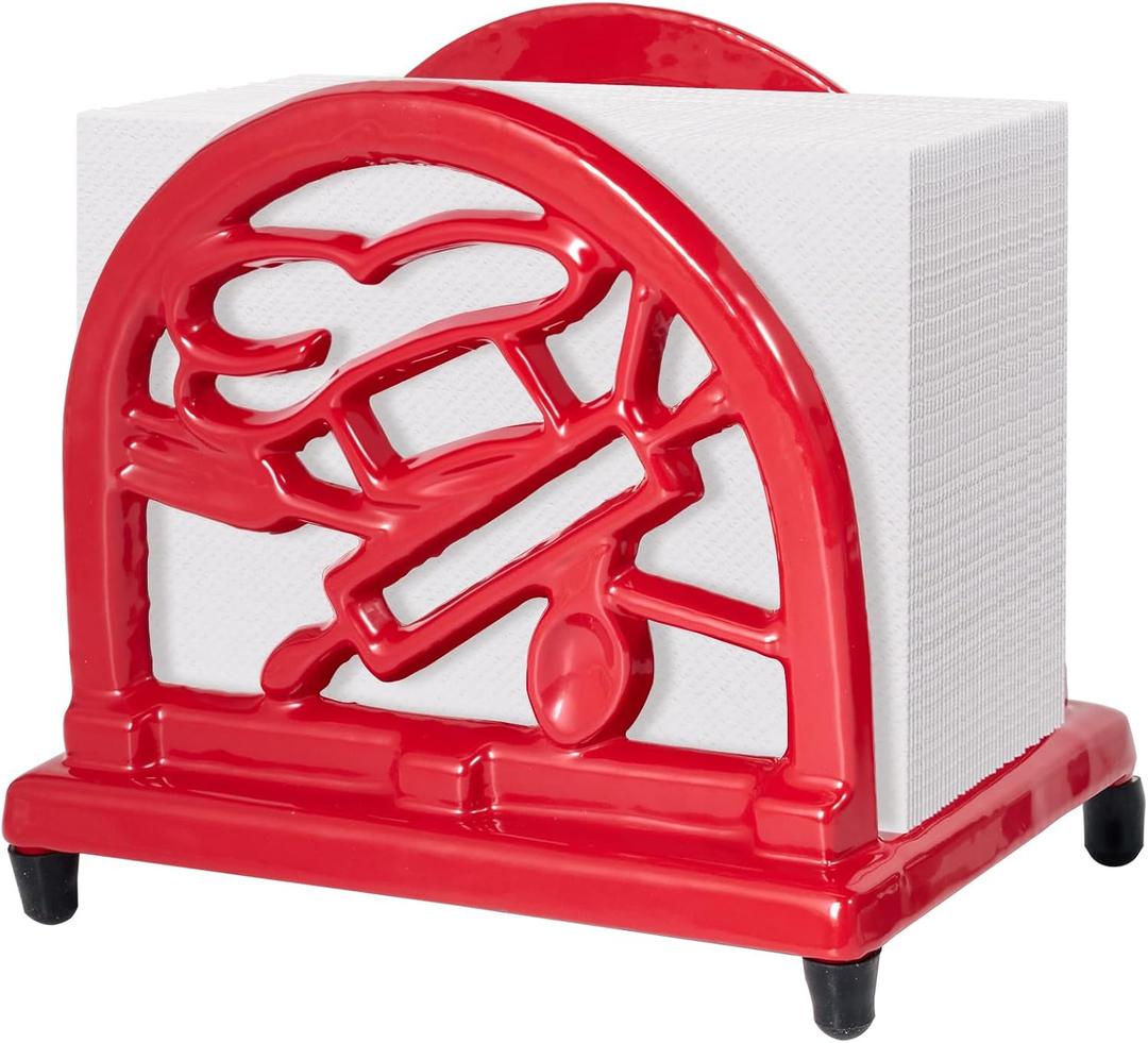 Jogreful Vintage Metal Napkin Holder Cast Iron Square Napkin Holder Organizer for Kitchen Restaurant Home Decor, Red (Chef's Tools)