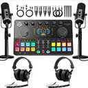 Podcast Equipment Bundle for 2, Audio Interface with 2 Dynamic XLR/USB Microphones, 2 Desktop Mic Stands and 2 Headphones, RGB, Voice Change for Vocal Recording,Podcasting,Streaming, PC Phone,TikTok