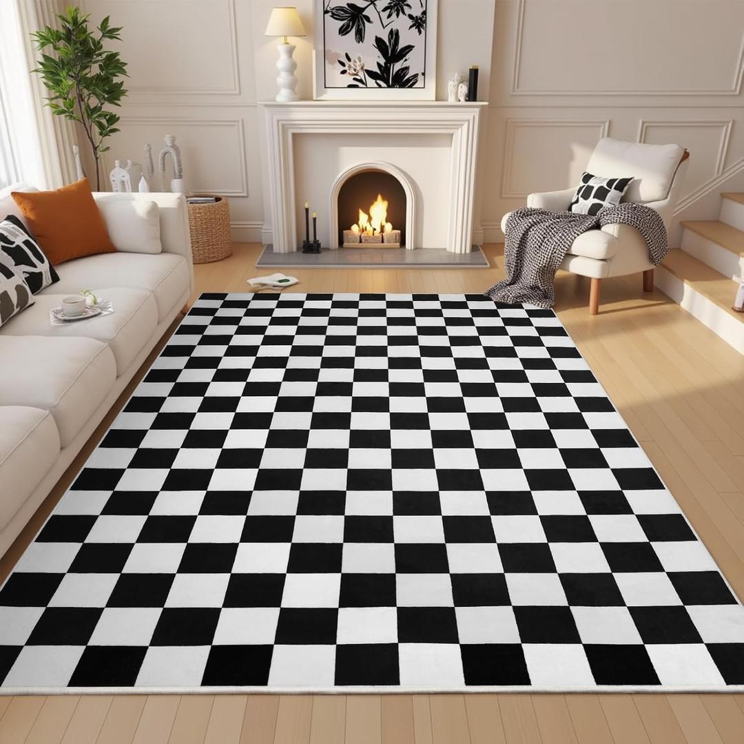 Terrug Black and White Checkered Rug for Living Room,6x9 Area Rugs Washable with Non Slip for Bedroom, Soft Low Pile Stain Resistance Retro Carpet for Dorm Kids Room