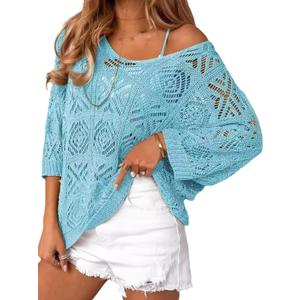 Beautiful Nomad Women's Summer Crochet Pullover Sweater Hollow Out 3/4 Sleeve Off Shoulder Boho Cover Up Tops Light Blue (Blue, L)