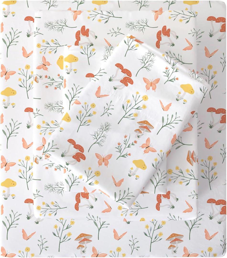 Viviland Mushroom King Sheet Set - 4 Piece Vintage Butterfly Flower Patterned Bed Sheets - Soft, Breathable Microfiber Floral Sheets with Deep Pocket, Non-Slip Fitted Sheets & Pillowcases