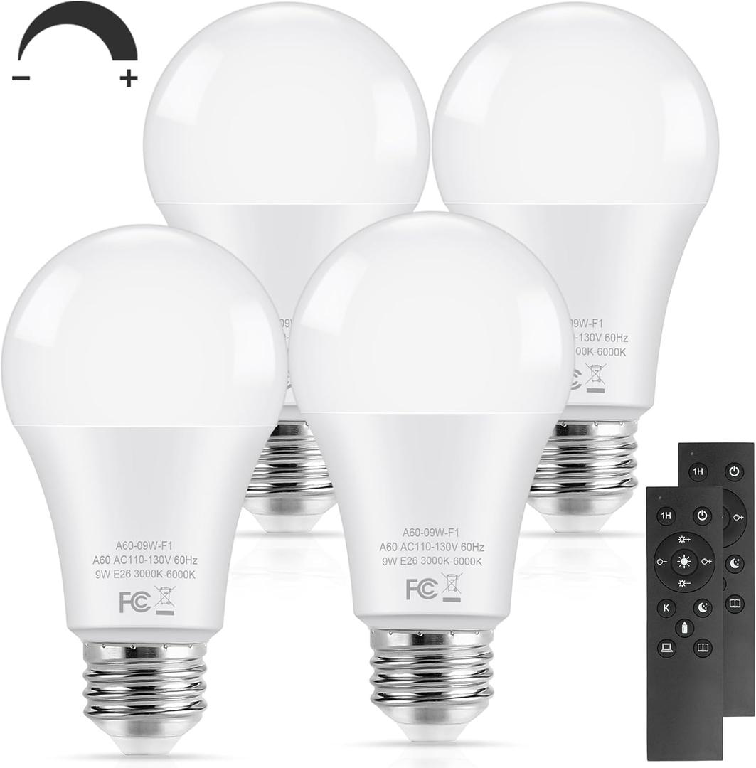 9W A19 Remote Controlled LED Light Bulbs, 3000K/4500K/6000K Dimmable LED Bulbs, 60W Equivalent Light Bulbs, 1H Timer, Memory Function, E26 Base, 25000hrs, 900LM Brightest Bulbs for House, 4 Packs